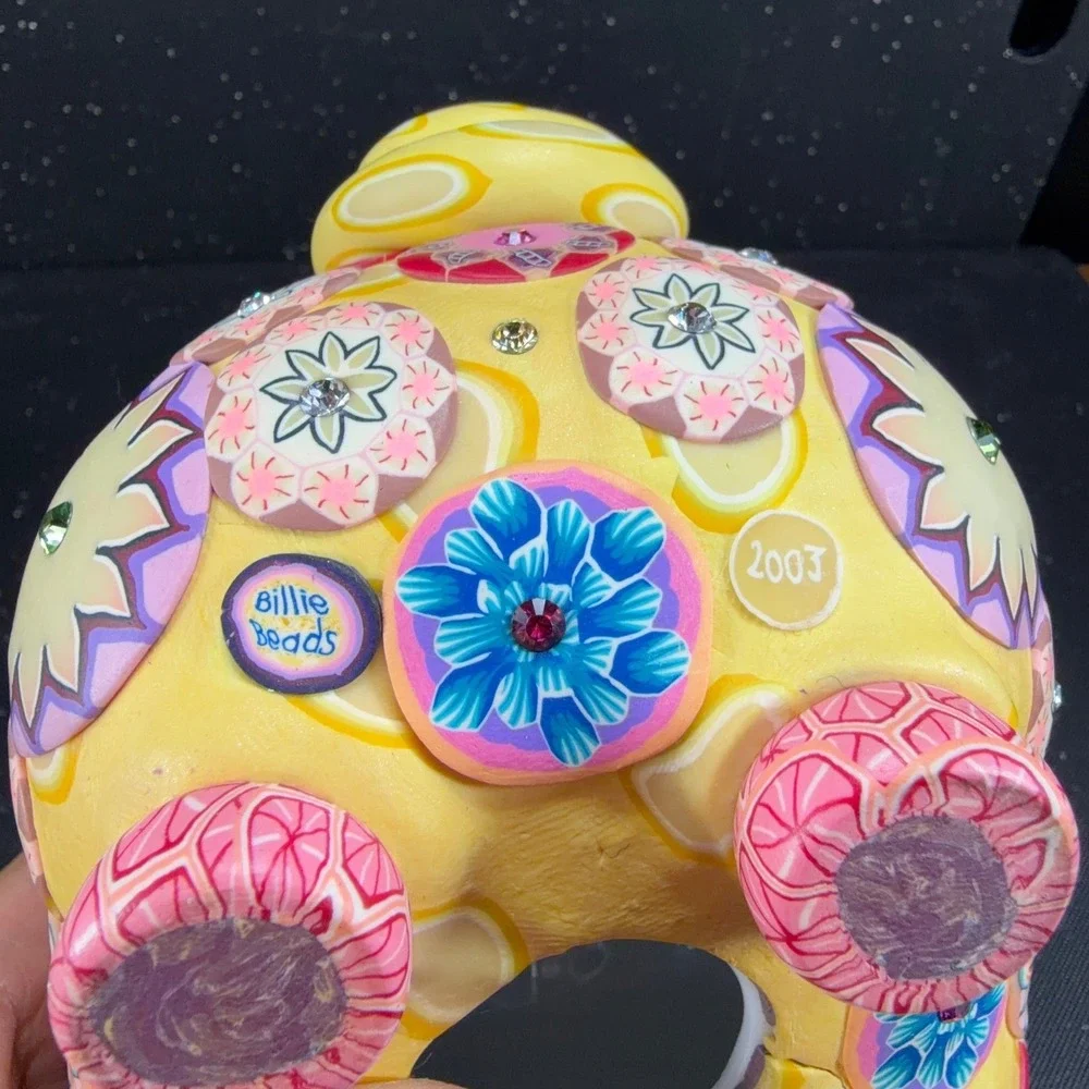 Billie Beads 2003 Handcrafted Piggy Bank Yellow Floral Millefiori Rhinestone 7in